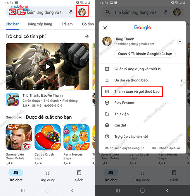 cach huy kenh thanh toan mobifone google play